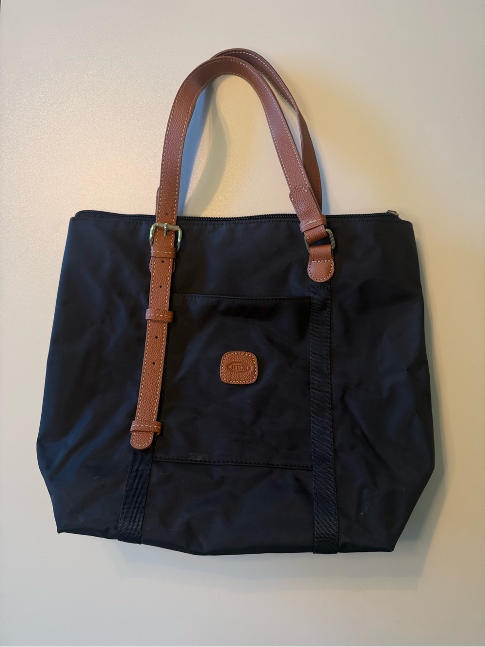 Brics Black Messenger Tote with Brown Leather Trim